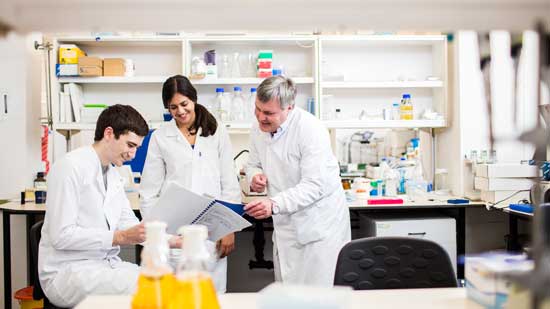 Medical students and staff talking in a research lab