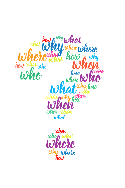 question mark shape generated by multi-coloured words saying who, what, why, when, where, and how 